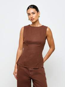 AiiRZ Denim Round Neck Cinched Waist Back Tie Regular Hem Casual Summer Top - Coffee Brown - View 1