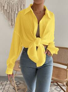 SHEIN EZwear Yellow Women ShirtDrop Shoulder Button Up Beach Shirt - Yellow - View 7