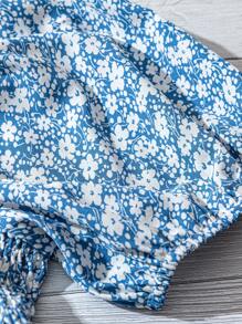 Linhara Plus Size Women's Blue Ditsy Floral Ruffle Trim Belted Short Sleeve Casual Shirt, Elegant Romantic Style, Spring/Summer