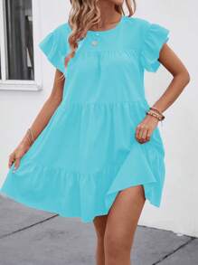 SHEIN LUNE Women Summer Solid Color Round Neck Loose Babydoll Dress With Ruffle Trim Vacation Beach Outfit