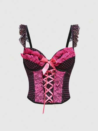 Kawaii Camiseta sexy de encaje de varios niveles con parches florales de encaje romántico para el Día de San Valentín