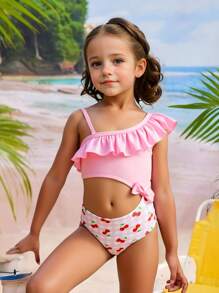 SHEIN Young Girl's Cherry Print Hollow-Out Bandeau One-Piece Swimsuit, Suitable For Beach And Vacation, Summer - Multicolor - View 3