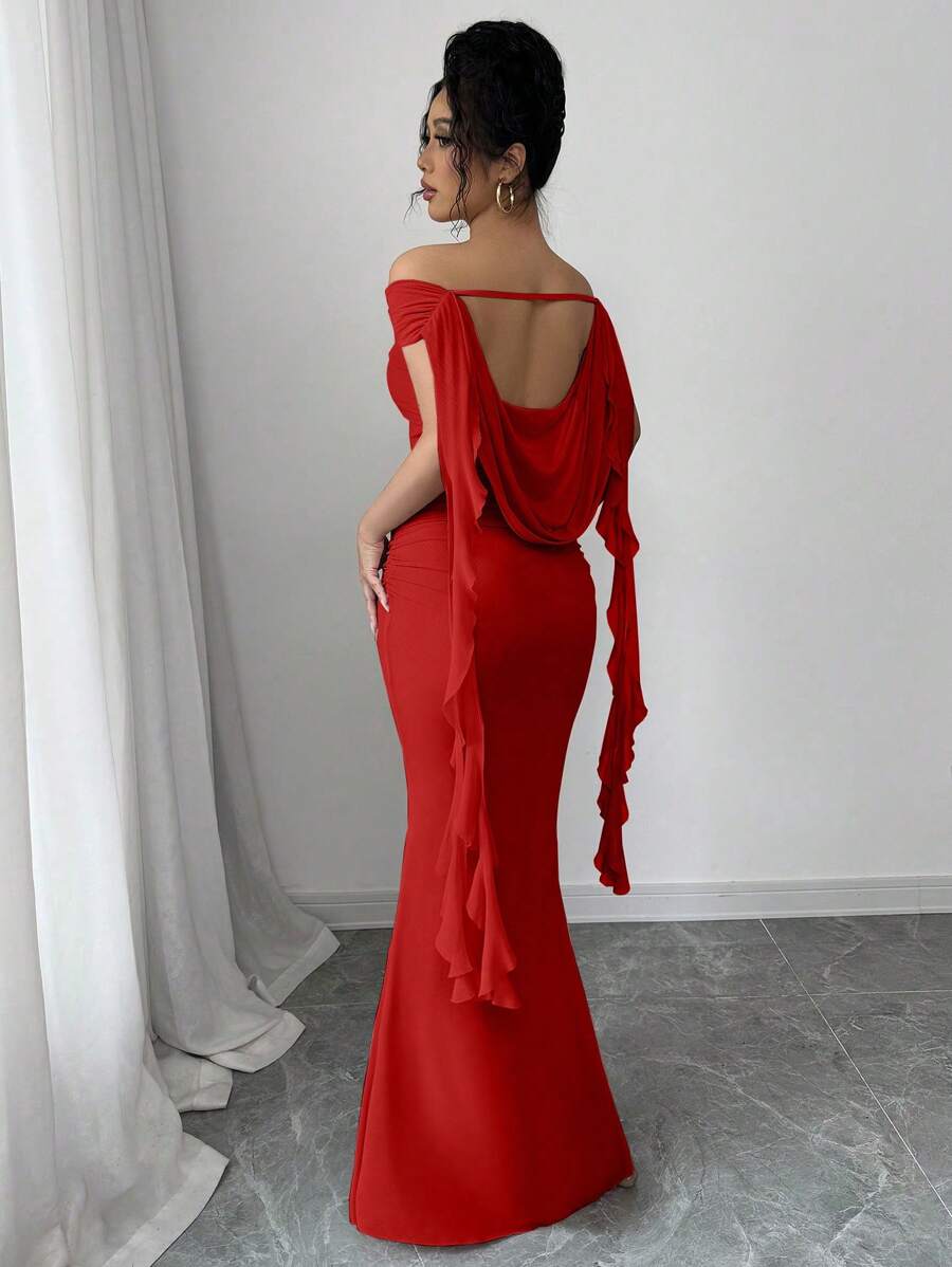 Women's Elegant Off Shoulder Ruffle Hem Mermaid Hem Dress, Summer - Red - View 1