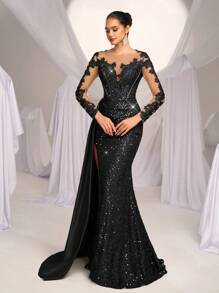 Glamrae Vestido largo tipo sirena de satén con bordados elegantes, encaje, lentejuelas y cola, adecuado para bodas, fiestas, bailes de graduación y cocteles - Vestido formal, elegante y de alta calidad para ocasiones especiales, invitados de boda - Negro - Ver 4