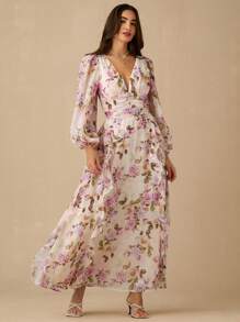 Enchnt 春夏浪漫女士杏色和紫色玫瑰印花深 V 领长袖荷叶边长裙，甜美优雅，适合度假、约会、节日、派对、毕业典礼、婚礼宾客和海滩，舞会礼服，女士夏季连衣裙，女士太阳裙，夏季服装，优雅的派对连衣裙