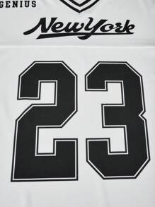 SHEIN ChillGRL Tween Girls' Casual Letter Striped V-Neck Off-Shoulder Loose T-Shirt & Number Graphic Tee Paired With Cool Cargo Straight Leg Pocket Pants 2 Pieces Set, Fashion Outfit For Spring, Summer, Autumn Outfit Set Summer Holiday - Black - View 4