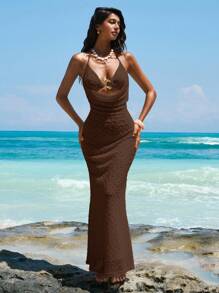 Opulessa 1 件女士纯色针织细肩带修身连衣裙度假连衣裙，海滩 - 卡其色 - 查看 6