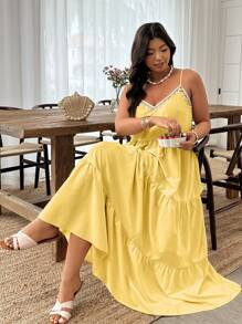 Weeklong Vestido de línea A con decoración de cuello con tirantes finos y dobladillo con volantes para mujeres talla grande de vacaciones - Amarillo - Ver 4
