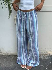 Muchica Pantalones casuales de mujer con cordón en la cintura y rayas de colores tejidos