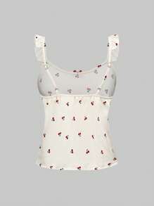 ROMWE Kawaii Summer Pastoral Sweet Cherry All-Over Print Ruffle Trim Bow Casual Ladies Pajama Set - Multicolor - View 5
