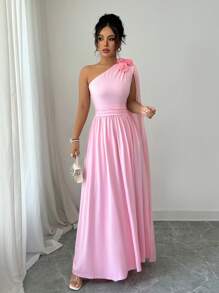 Breezaya Women's Off-Shoulder 3D Flower Waist Drawstring Elegant Dress - Pink - View 5