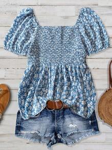 Linhara Plus Size Women's Blue Ditsy Floral Ruffle Trim Belted Short Sleeve Casual Shirt, Elegant Romantic Style, Spring/Summer