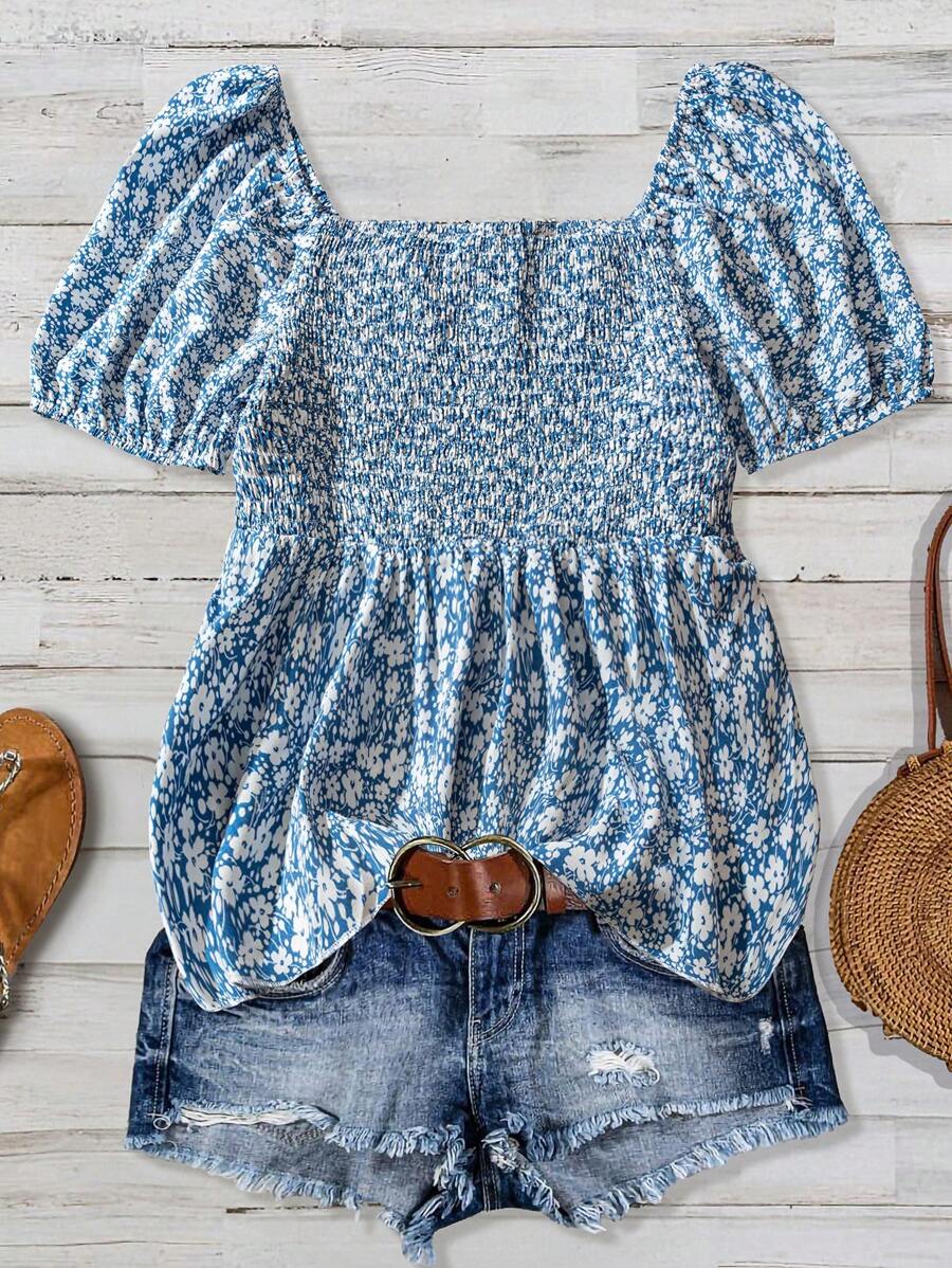 Linhara Plus Size Women's Blue Ditsy Floral Ruffle Trim Belted Short Sleeve Casual Shirt, Elegant Romantic Style, Spring/Summer