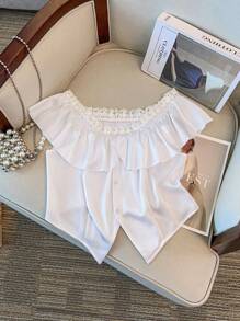 SHEIN Clasi Plus Size Off-Shoulder Lace Trim Waist Blouse - White - View 3