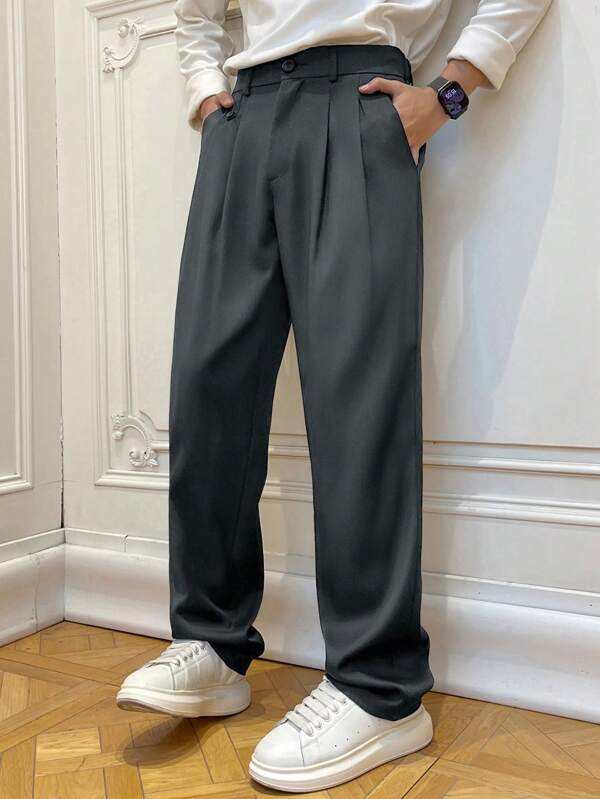 Claim Dot Men's Casual Plain Color Folding Pleated Slanted Pocket Trousers