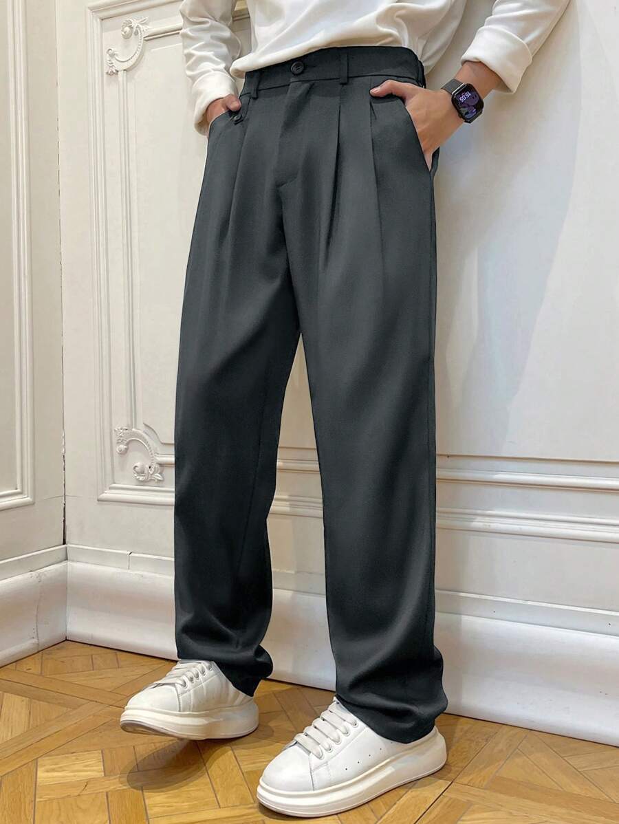 Claim Dot Men's Casual Plain Color Folding Pleated Slanted Pocket Trousers