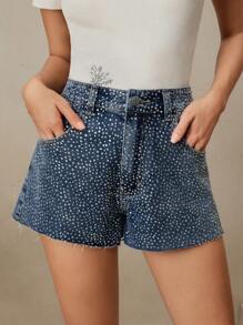 Anewsta Fashionable Sparkle Embellished Denim High-Waisted Shorts - Blue - View 4