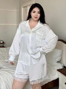 Dazy Plus Conjunto de pijama blanco de manga larga holgado con contraste de encaje estilo camisa