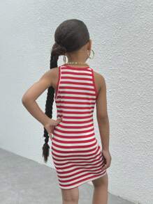 Young Girl Woven Solid Color Boat Neck Ruffle Hem Fitted Casual Dress - Hot Pink - View 4