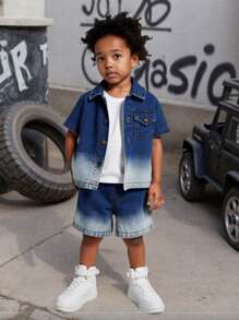 Áo sơ mi denim xanh trắng ombre thời trang dạo phố vui tươi & quần short denim xanh trắng ombre, bộ đồ denim thường ngày ôm vừa vặn cho bé trai/bé trai - Xanh và trắng - Xem 3