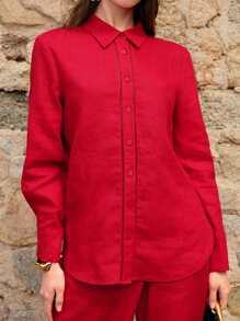 MOTF PREMIUM 亚麻纽扣衬衫 - 紅色 - 查看 2