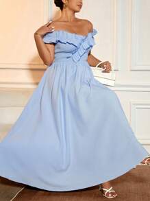 Cravure Plus Size Women Fashion Elegant Off Shoulder Ruffle Trim Midi Dress, Casual Romantic Retro Minimalist For Holiday, Valentine's Day, Evening Gown, Party, Graduation - Blue - View 3