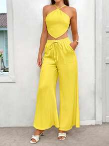 SHEIN VCAY Butter Yellow Summer Vacation 2 Pieces Sets Woman,Casual Backless Two Pieces Outfits For Daily Wear,Beach Holiday Rave Outfits Festival,Pants Set - Yellow - View 7