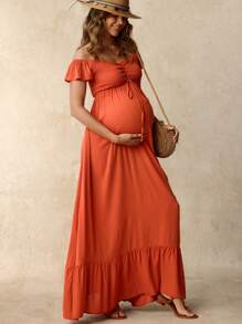 Boho Mama Bohemian Maternity Off-Shoulder Ruffled Hem Short Sleeve Solid Color Dress - Rust Brown - View 7