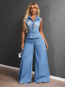 SHEIN SXY Women's Fashionable Denim Jacket & Coat, Suitable For Summer - Blue - View 2