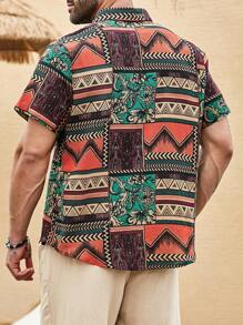 Manfinity RSRT Plus Size Men's Geometric Print Single-Breasted Short Sleeve Casual Shirt - Multicolor - View 2