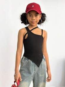 SHEIN Explorewe Maglia In Maglia A Costine Per Ragazze Adolescenti Con Colletto E Orlo Asimmetrici - nero - Visualizzare 5