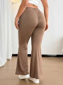 Flirla Pantalones rectos de talla grande de cintura alta, de color marrón, elásticos y de ajuste cómodo, versátiles y