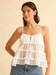 CAJUNI Boho Style White Layered Ruffle Tie-Up Women's Camisole
