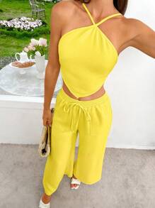 SHEIN VCAY Butter Yellow Summer Vacation 2 Pieces Sets Woman,Casual Backless Two Pieces Outfits For Daily Wear,Beach Holiday Rave Outfits Festival,Pants Set - Yellow - View 8