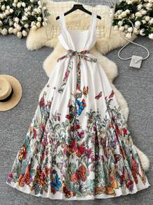 DreamSkyne Đầm không tay họa tiết hoa thanh lịch trễ vai có thắt lưng cho nữ cỡ lớn, đa năng và thời trang để mặc vào mùa hè - Nhiều màu - Xem 1