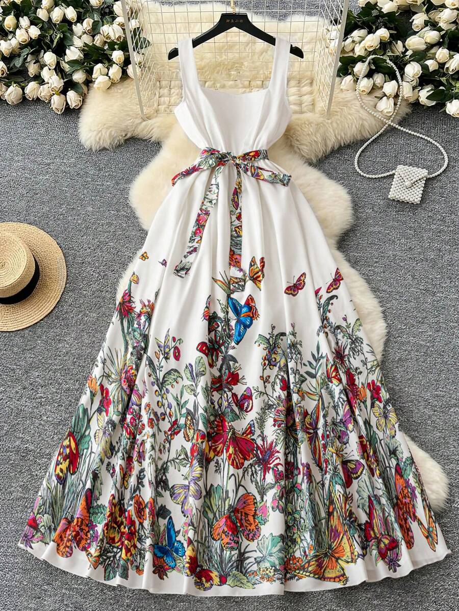 DreamSkyne Đầm không tay họa tiết hoa thanh lịch trễ vai có thắt lưng cho nữ cỡ lớn, đa năng và thời trang để mặc vào mùa hè - Nhiều màu - Xem 1
