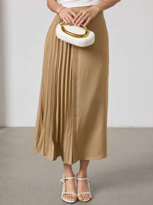 Modelyn 女士优雅褶皱拼布 A 字裙，夏季 - 卡其色 - 查看 3