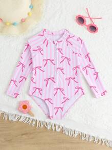 2025新款印花女童长袖拉链连体泳衣，2件套，适合海滩度假 - 粉色 - 查看 4