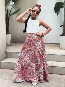 SHEIN Tween Girls Lace Sleeveless Top + Floral Print Skirt 2-Piece Vacation Outfit - Burgundy - View 4