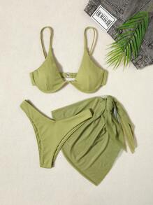 Swim Vcay Women's Solid Color Halter Tie Sexy Bikini Set With Cover-Up And Skirt, 3-Piece, Padded For Summer Beach Vacation - Olive Green - View 1