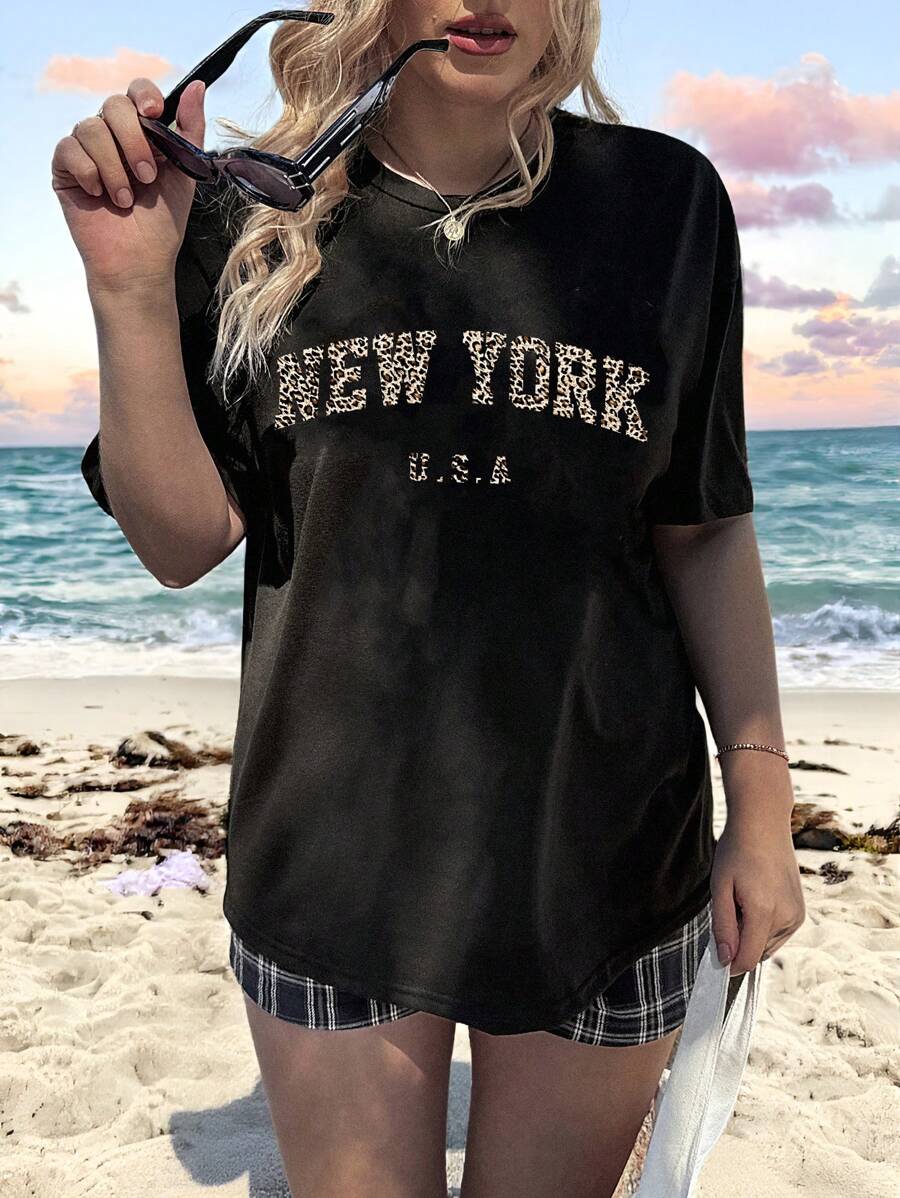 Veykashi 休闲时尚纽约豹纹圆领短袖修身大码女式 T 恤，适合夏季