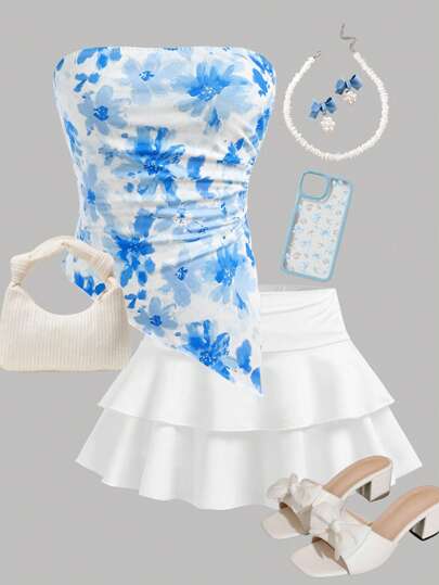 SHEIN Set de 2 piezas para niñas adolescentes con top corto estampado de flores azul y blanco con dobladillo asimétrico acanalado y falda con volantes