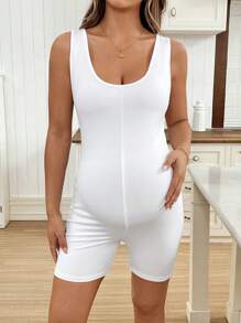 SHEIN Solid Color Fitted Sleeveless Maternity Romper, Suitable For Summer  Maternity Jumpsuit  Women Bodysuits - White - View 4