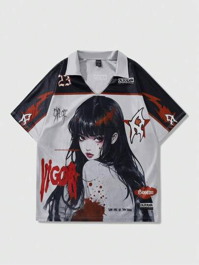 Anime Camisa polo de hombre con un diseño vibrante de estilo anime japonés. La parte delantera de la ropa deportiva presenta una gran y vívida ilustración de una mujer joven con cabello largo.