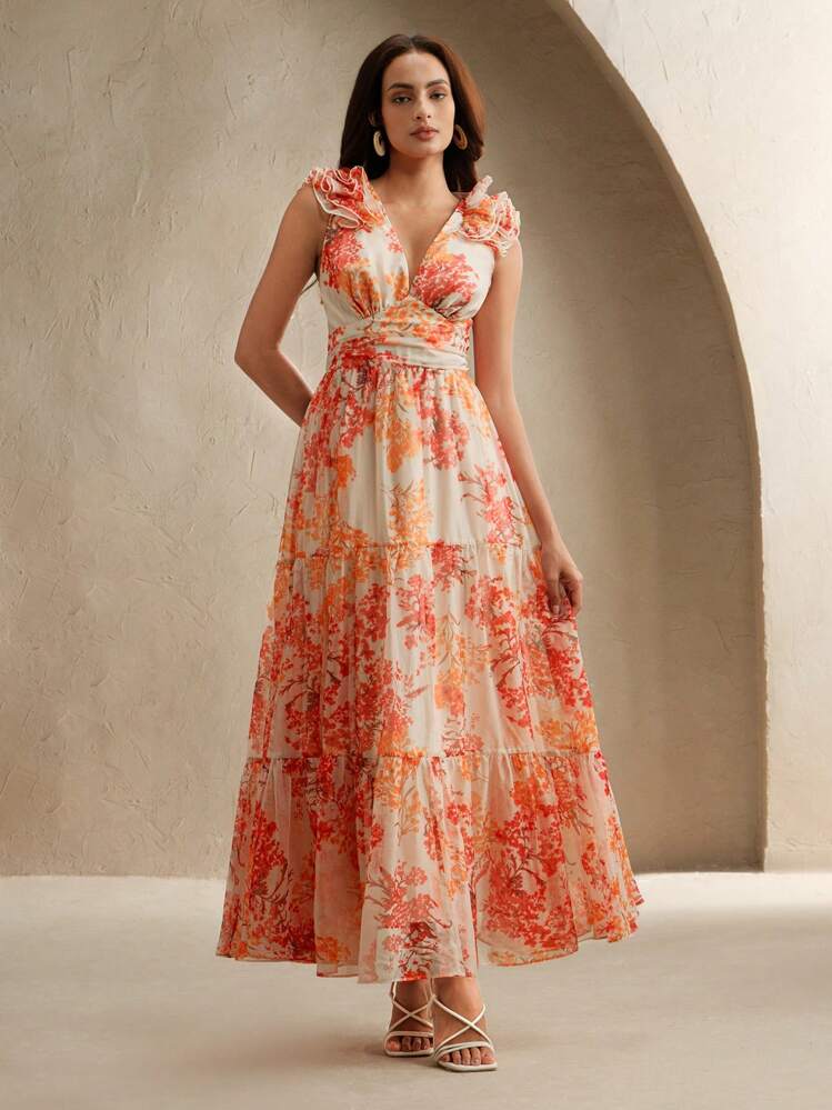 Anewsta Vestido maxi de mujer con cuello en V profundo, sin mangas, de gasa de alta gama con estampado de hojas de arce retro, bajo con volantes, silueta estilizadora de la cintura, nueva llegada del verano 2025 - Naranja Coral - Añade 6