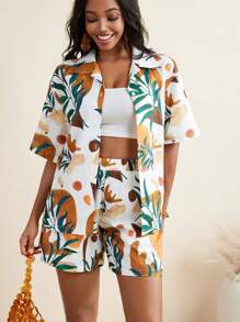EBIB Blossom Drift Abstract Tropical Floral Printed Elastic Waist A-Line Shorts Women Vacation