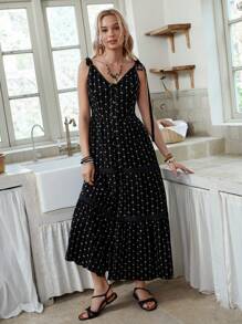 LanaWest Women Tie Up Patchwork Lace Hem A-Line Dress