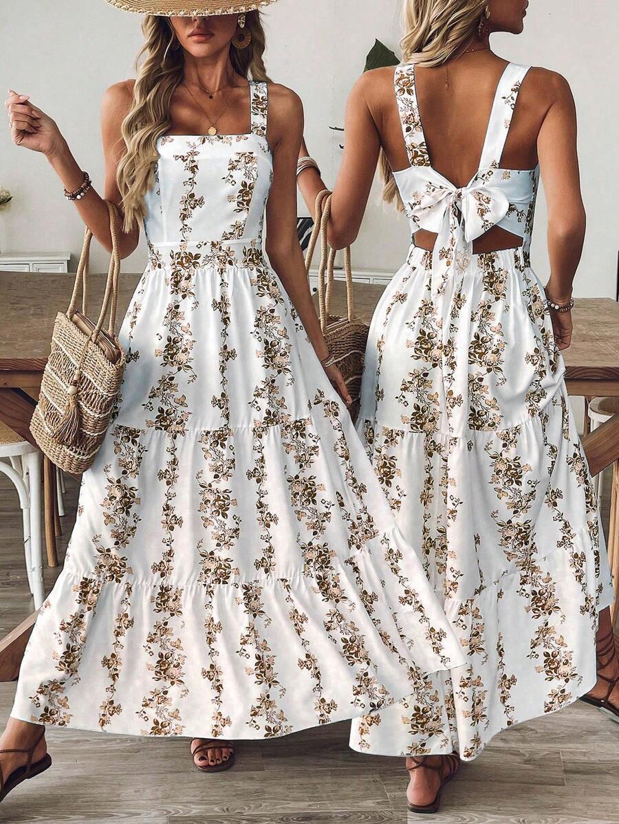 Breezaya 女式蓝白印花腰部修身度假、休闲、通勤吊带连衣裙 - 棕色 - 查看 1