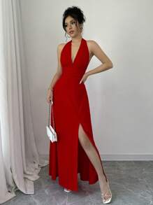 SHEIN Tall 红色开衩后背连衣裙，适合度假 - 紅色 - 查看 3