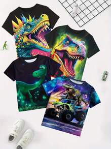 4pcs/Set Boys Casual Minimalist Pattern Short Sleeve Round Neck T-Shirts, Suitable For Summer - Multicolor - View 1